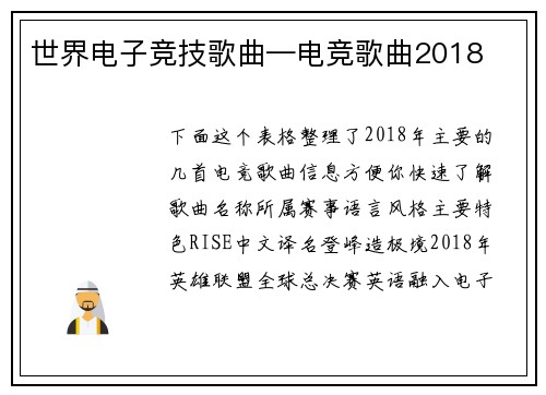 世界电子竞技歌曲—电竞歌曲2018